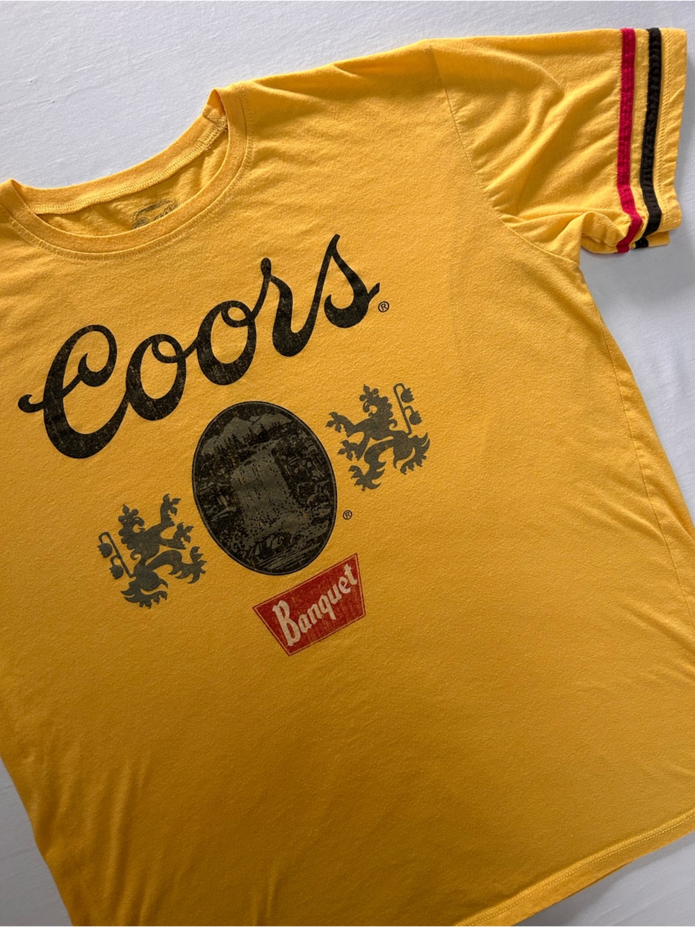 Coors Banquet Beer Graphic Tee Yellow Ringer Sleeve Shirt XL